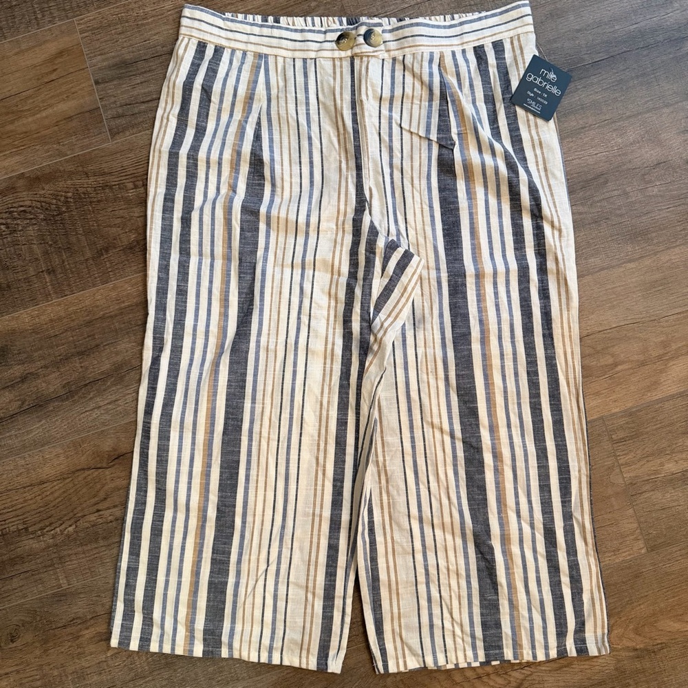 Mlle Gabrielle Women Size 1X Wide Capris Coastal Lounge Blue White Striped Pants